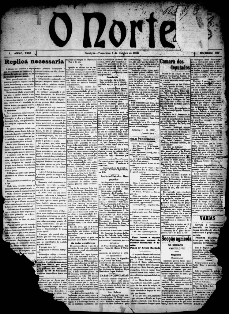 Primeira página do jornal O Norte de 6 de outubro de 1908